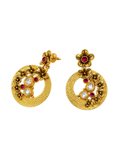 Gold Tone Floral Drop Earrings with Pink Stonework