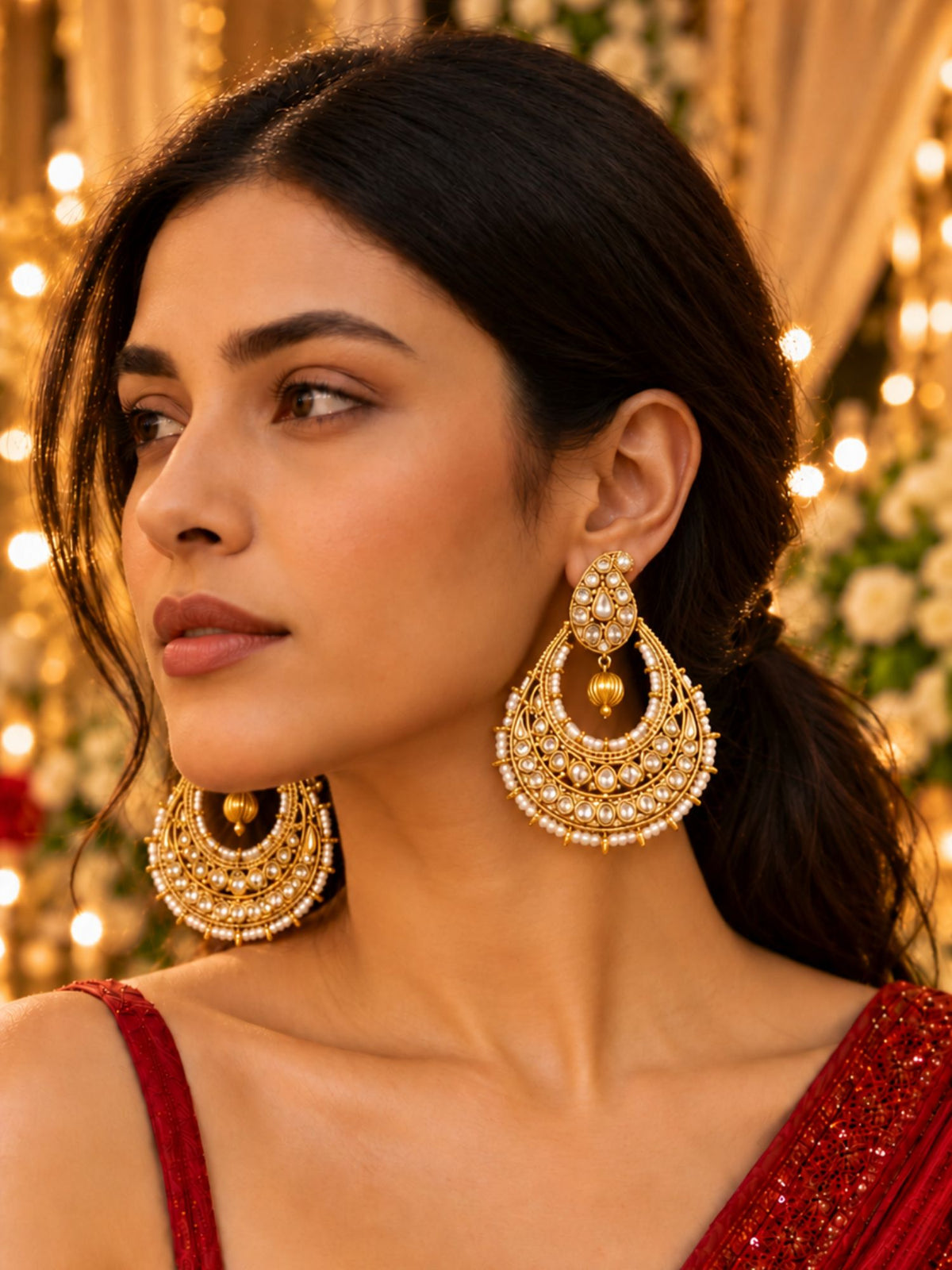 Gold Tone Stones and Pearl Bead Chandbali Earrings