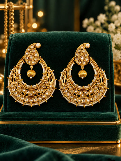 Gold Tone Stones and Pearl Bead Chandbali Earrings