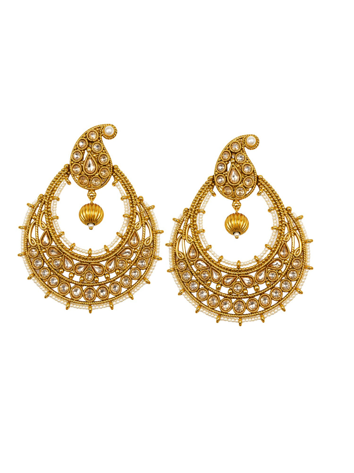 Gold Tone Stones and Pearl Bead Chandbali Earrings