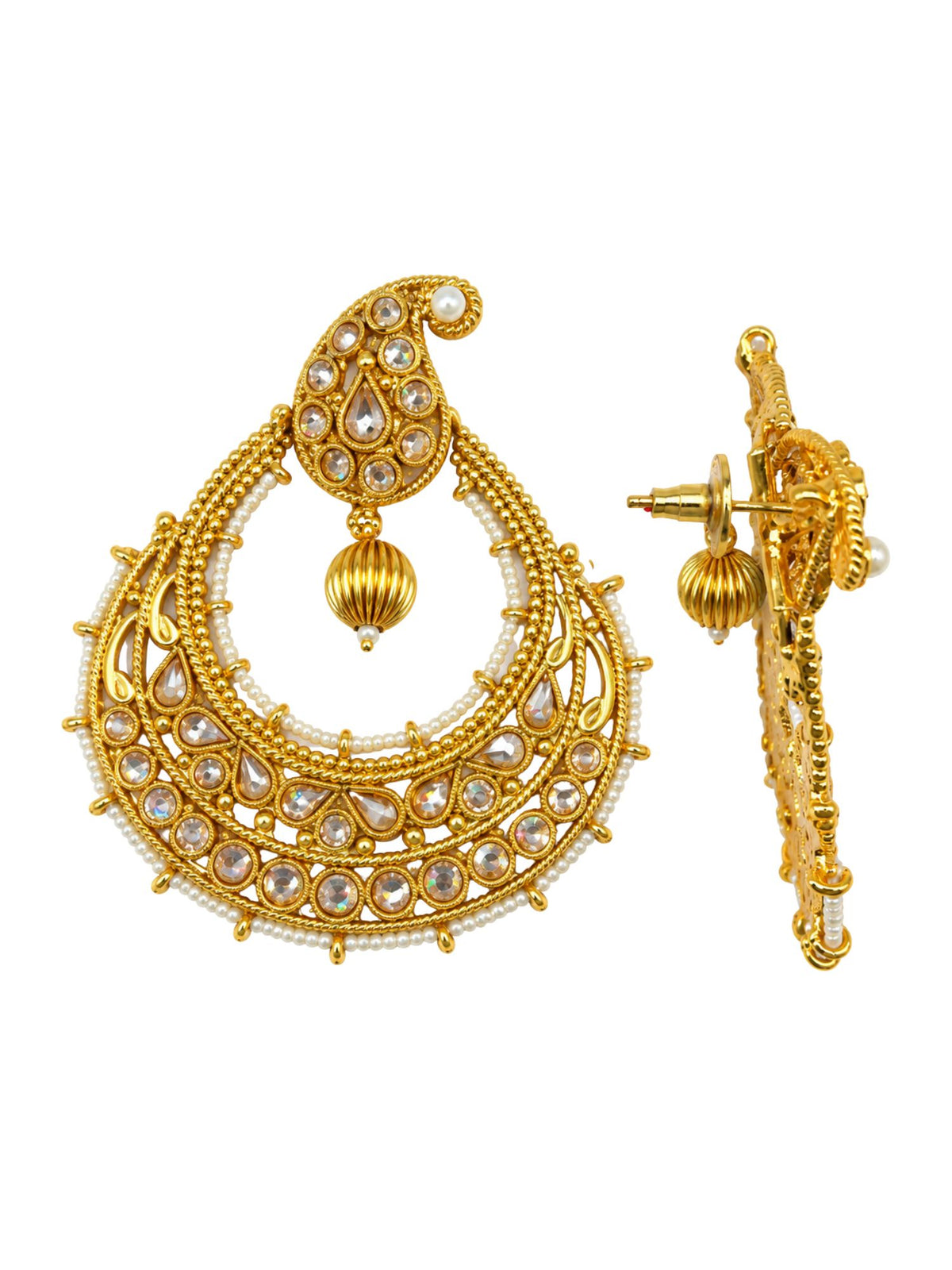 Gold Tone Stones and Pearl Bead Chandbali Earrings