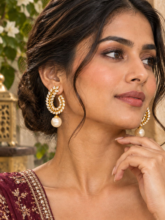 Gold Plated Diamond Leaf Design Pearl Drop Earrings