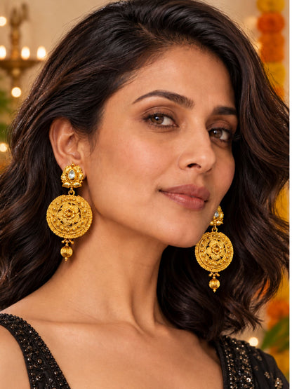 Gold Tone Round Floral Drop Earrings and Bead Drop