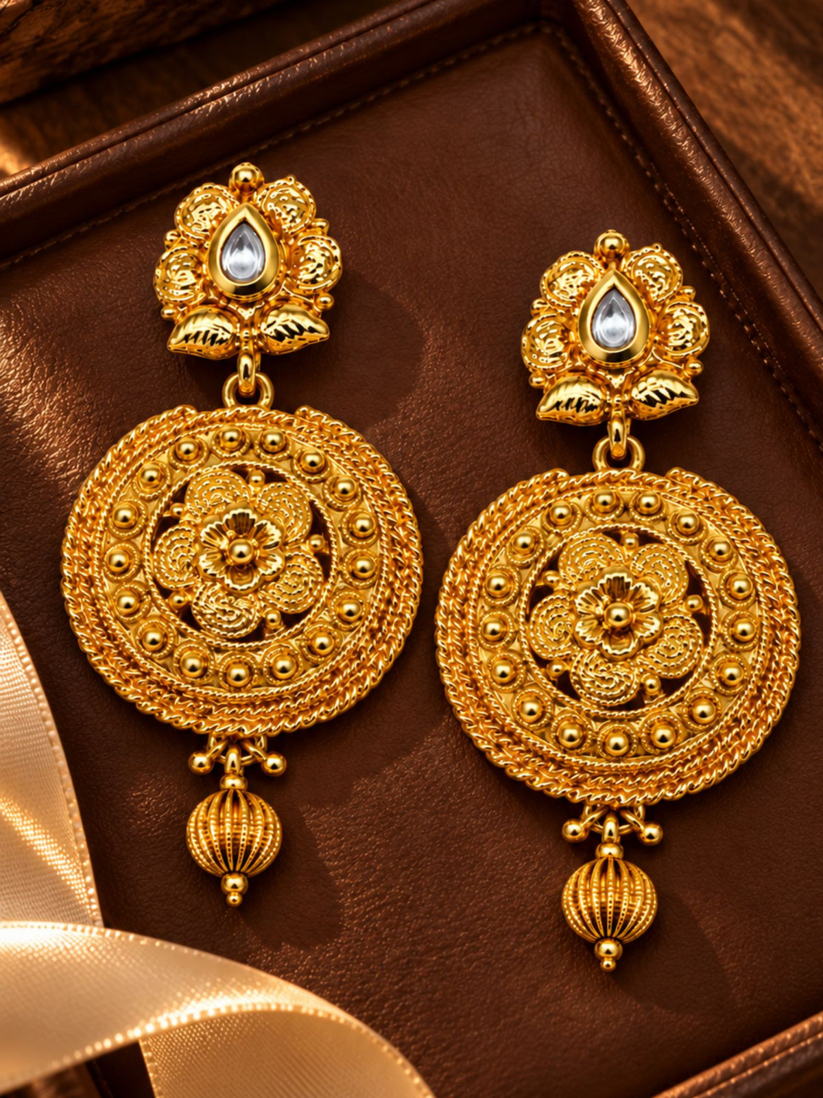 Gold Tone Round Floral Drop Earrings and Bead Drop