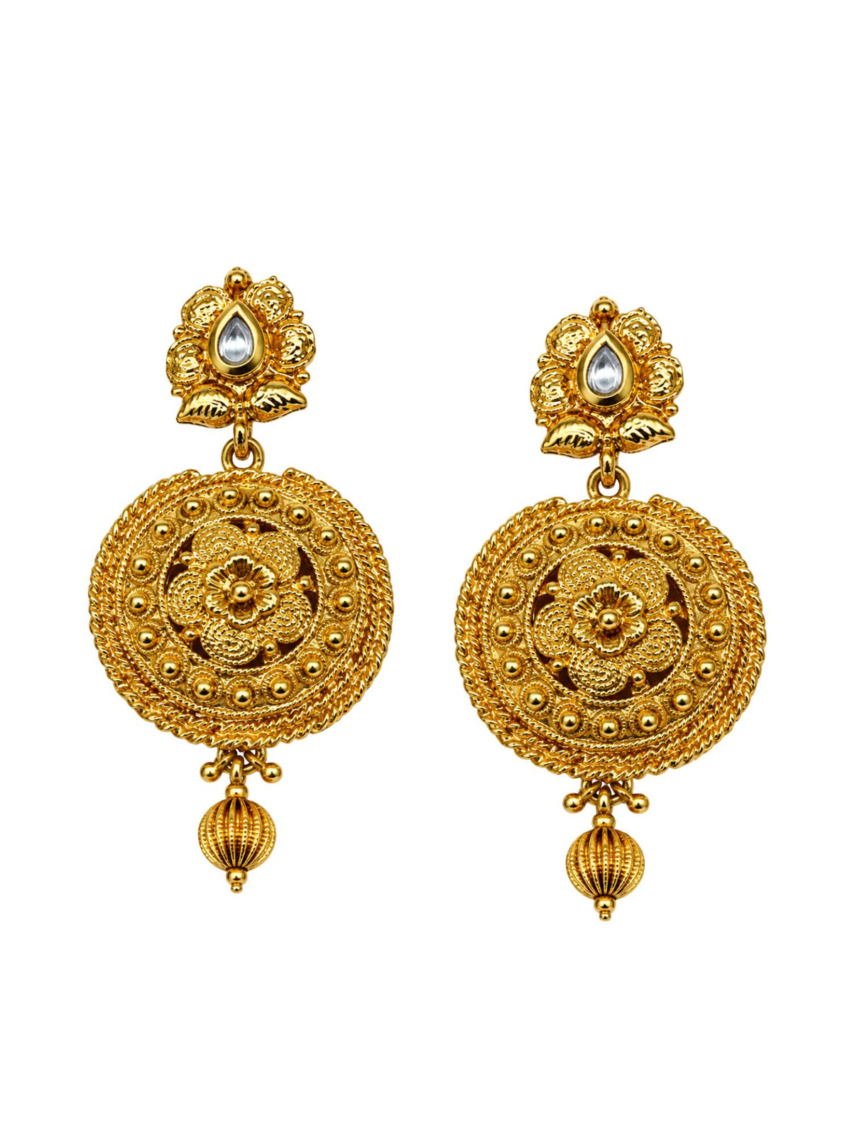 Gold Tone Round Floral Drop Earrings and Bead Drop