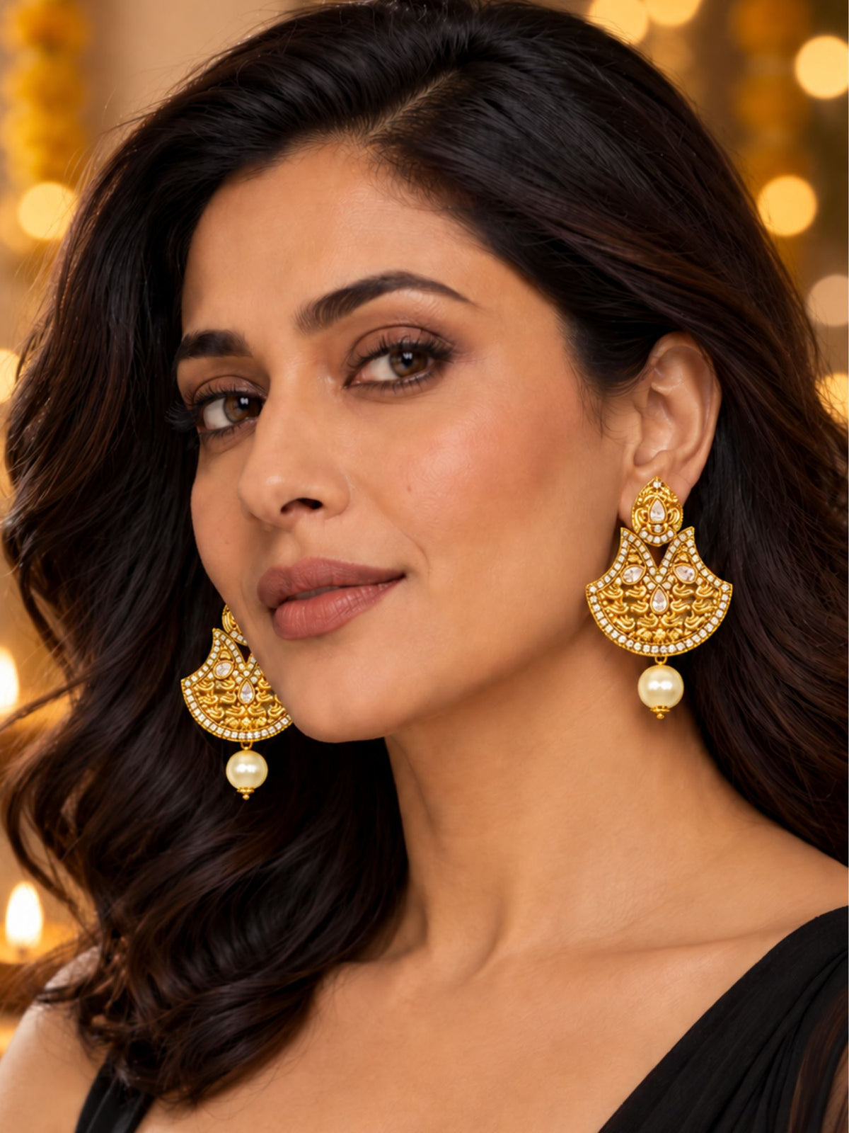 Gold Tone Stone Studded Pearl Drop Earrings Ladies
