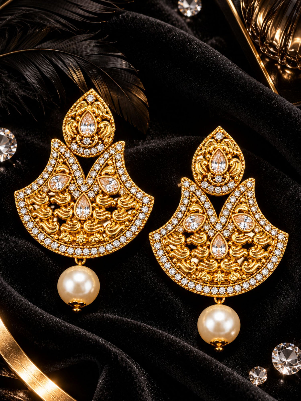 Gold Tone Stone Studded Pearl Drop Earrings Ladies