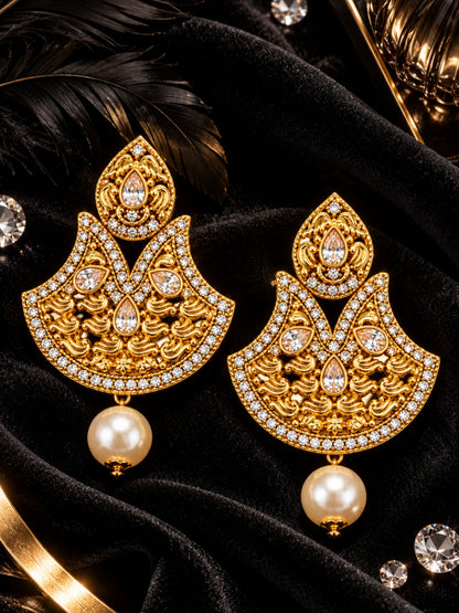 Gold Tone Stone Studded Pearl Drop Earrings Ladies