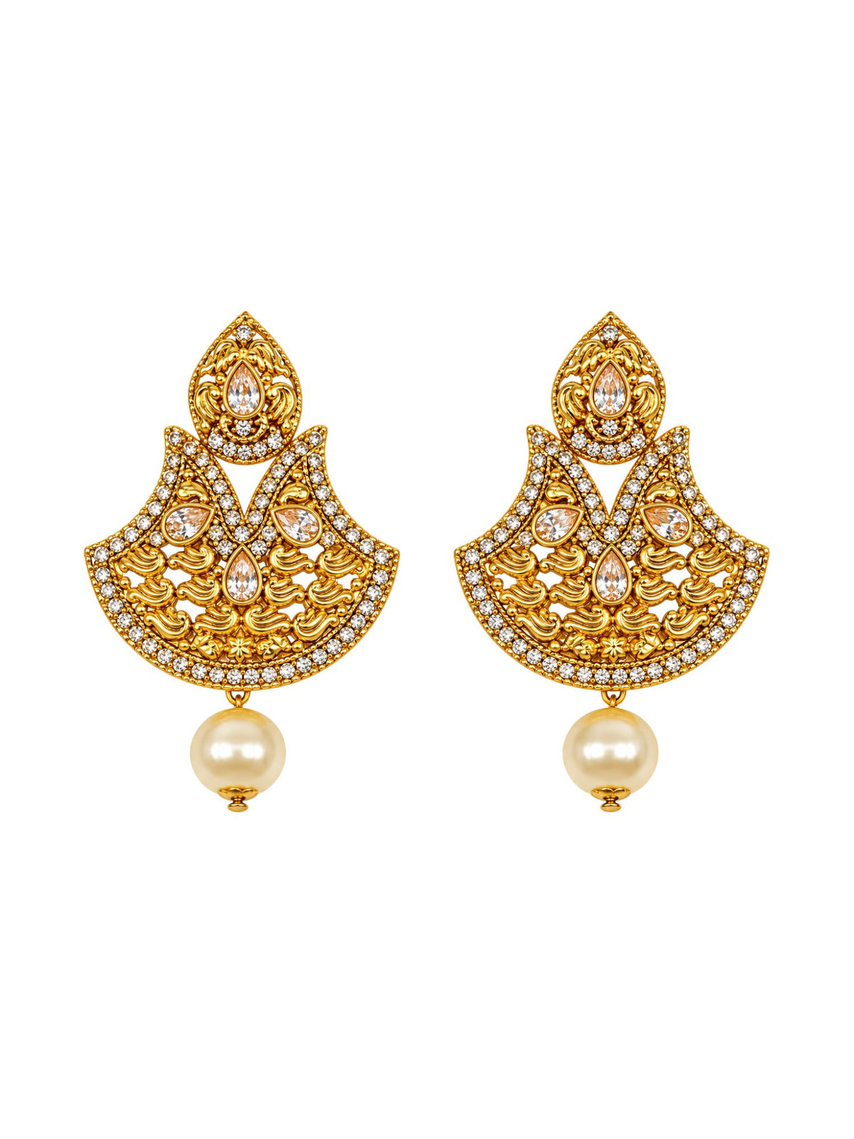 Gold Tone Stone Studded Pearl Drop Earrings Ladies