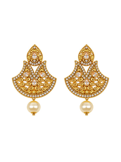 Gold Tone Stone Studded Pearl Drop Earrings Ladies