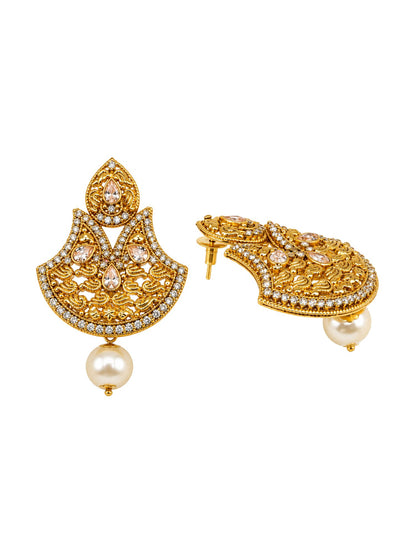 Gold Tone Stone Studded Pearl Drop Earrings Ladies