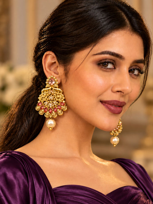 Gold Tone Floral Earrings with Stone & Pearl Drops