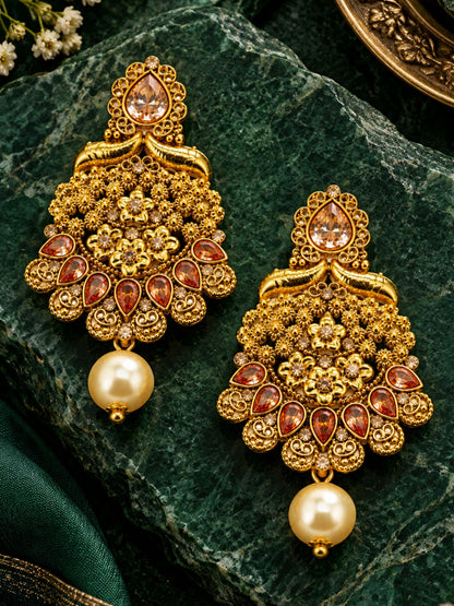 Gold Tone Floral Earrings with Stone & Pearl Drops