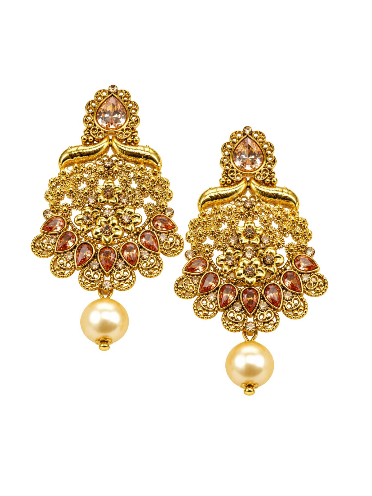 Gold Tone Floral Earrings with Stone & Pearl Drops