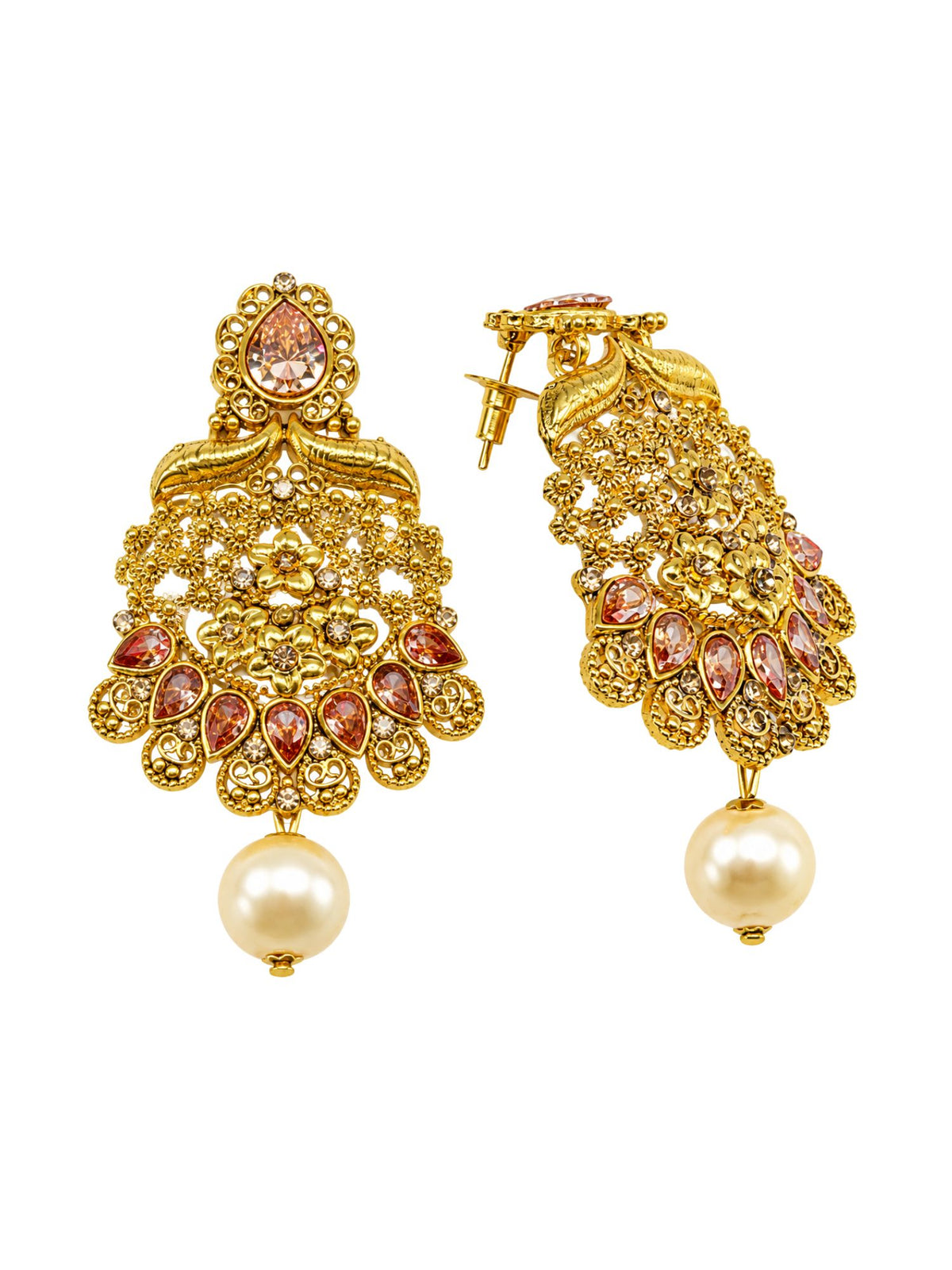 Gold Tone Floral Earrings with Stone & Pearl Drops