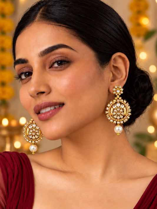 Gold Tone Floral Crystal Earrings with Pearl Drops