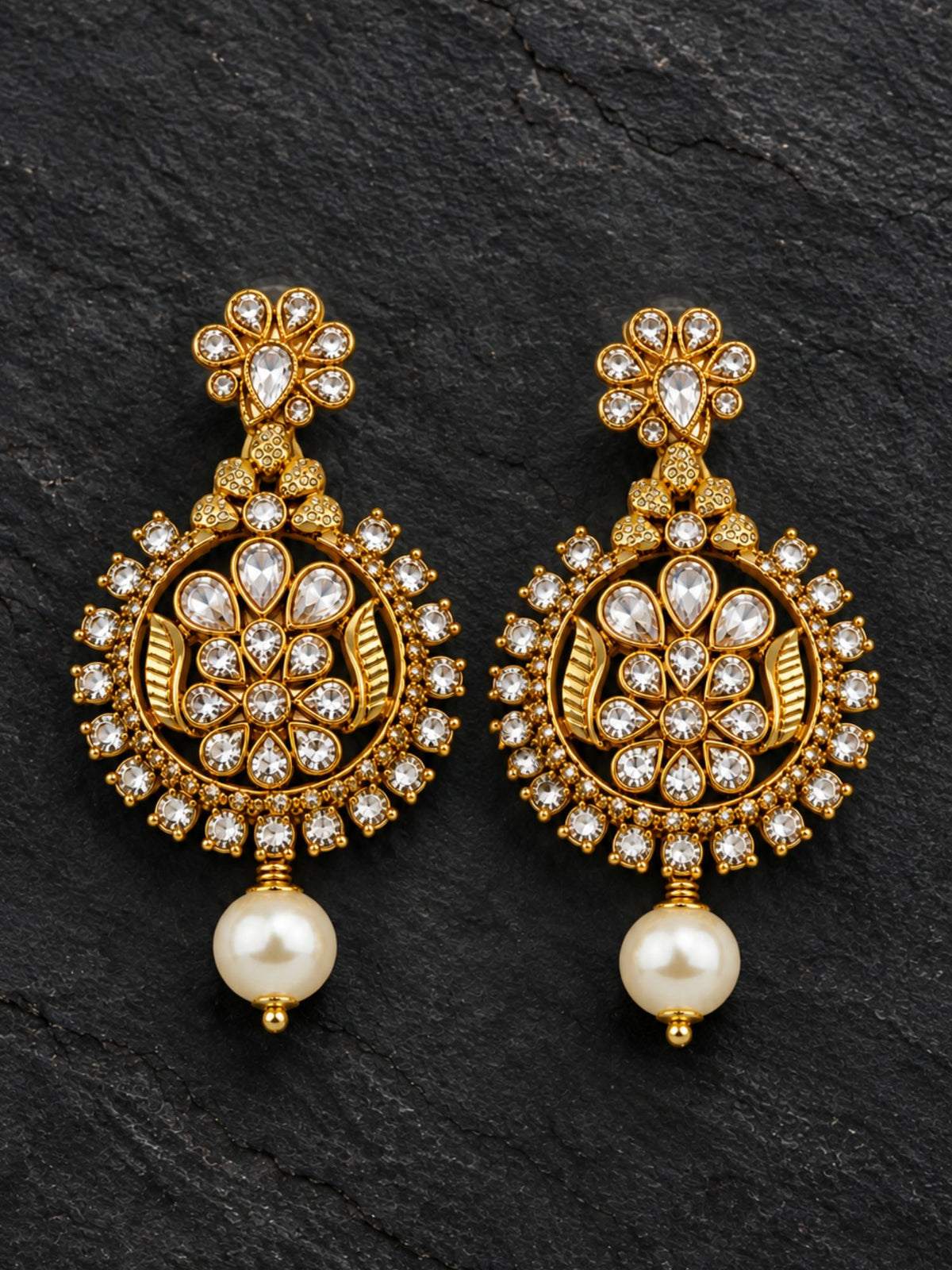 Gold Tone Floral Crystal Earrings with Pearl Drops