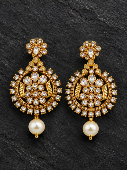 Gold Tone Floral Crystal Earrings with Pearl Drops