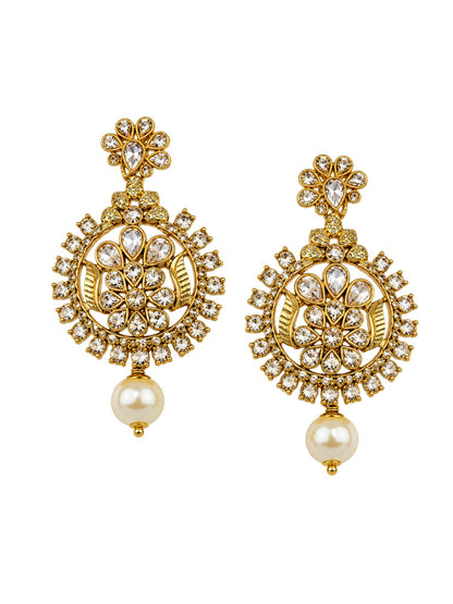 Gold Tone Floral Crystal Earrings with Pearl Drops