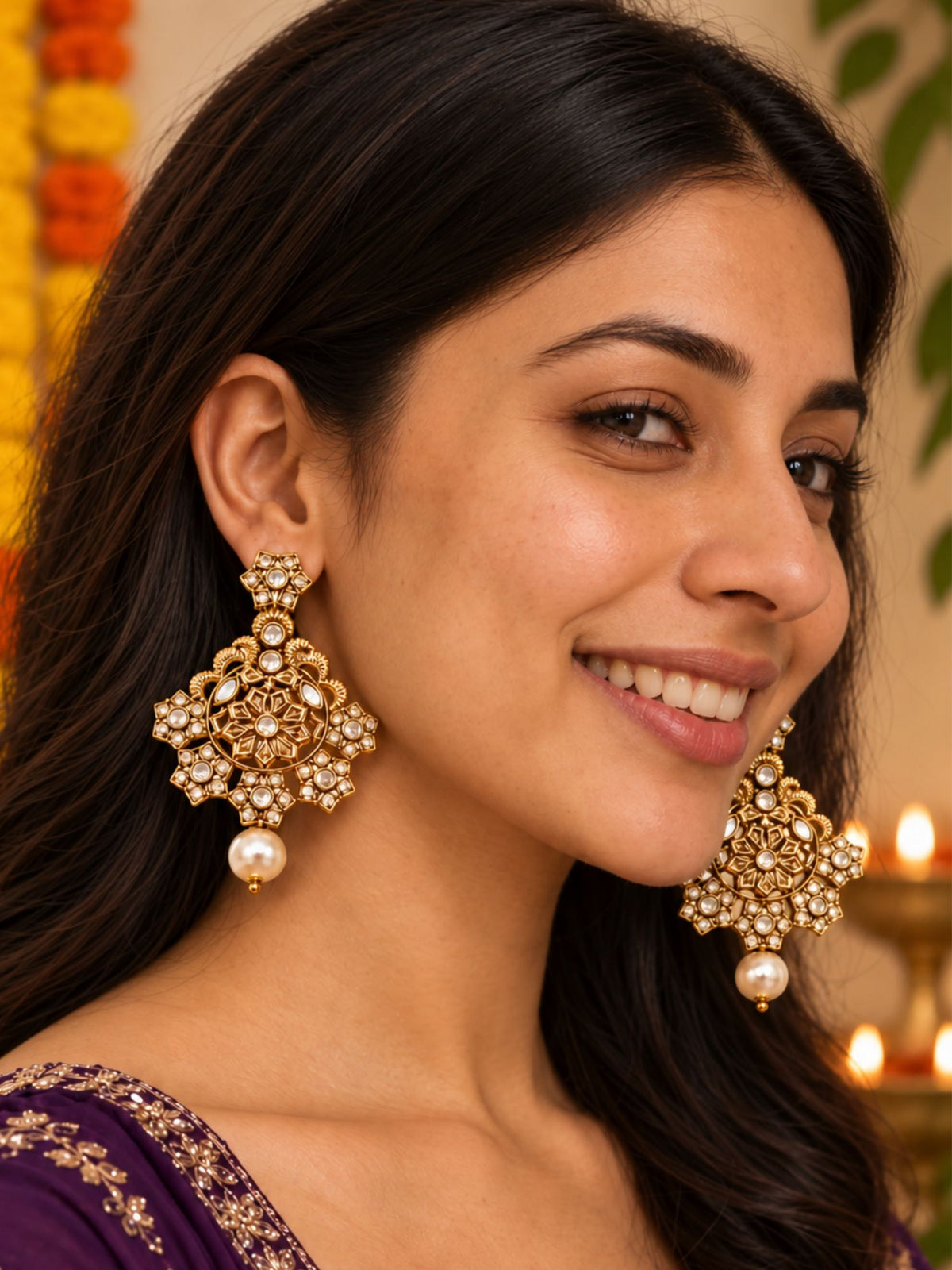 Gold Tone Floral Stone Earrings with Pearl Droplet