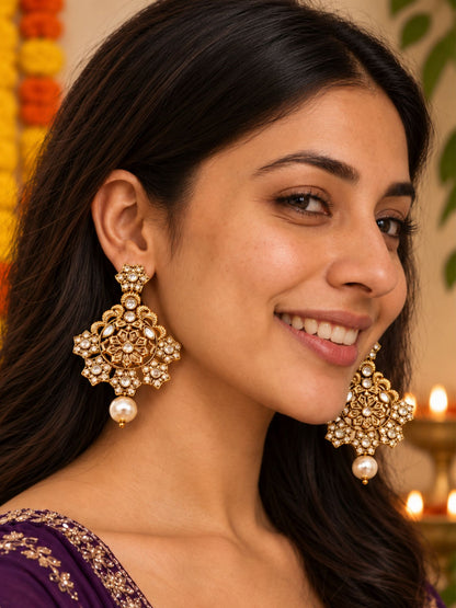Gold Tone Floral Stone Earrings with Pearl Droplet