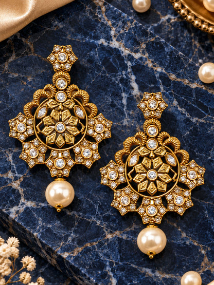 Gold Tone Floral Stone Earrings with Pearl Droplet
