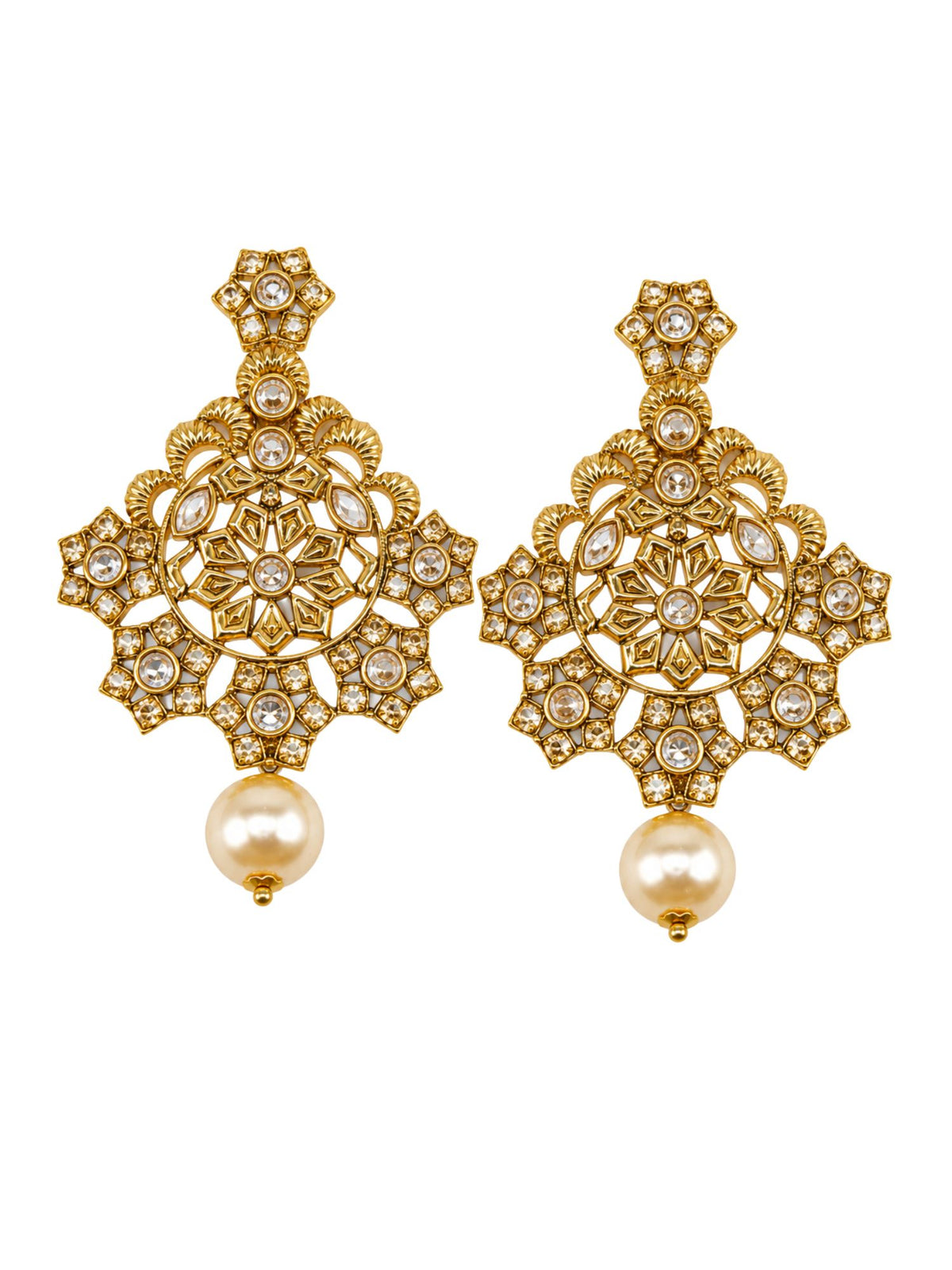 Gold Tone Floral Stone Earrings with Pearl Droplet