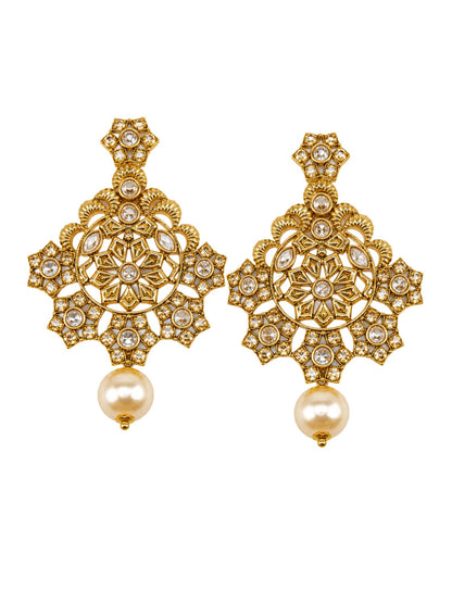 Gold Tone Floral Stone Earrings with Pearl Droplet