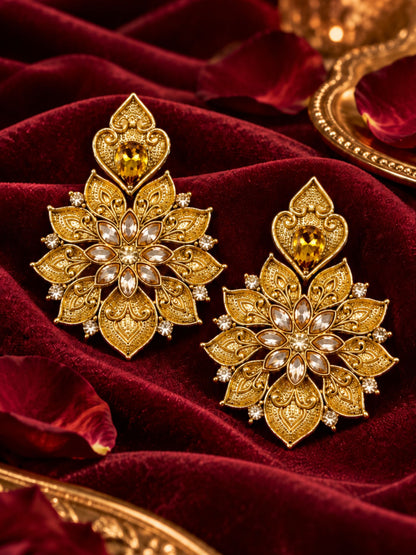 Gold Tone Floral Earrings with Amber & Clear Stone