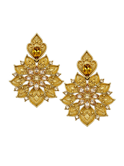 Gold Tone Floral Earrings with Amber & Clear Stone