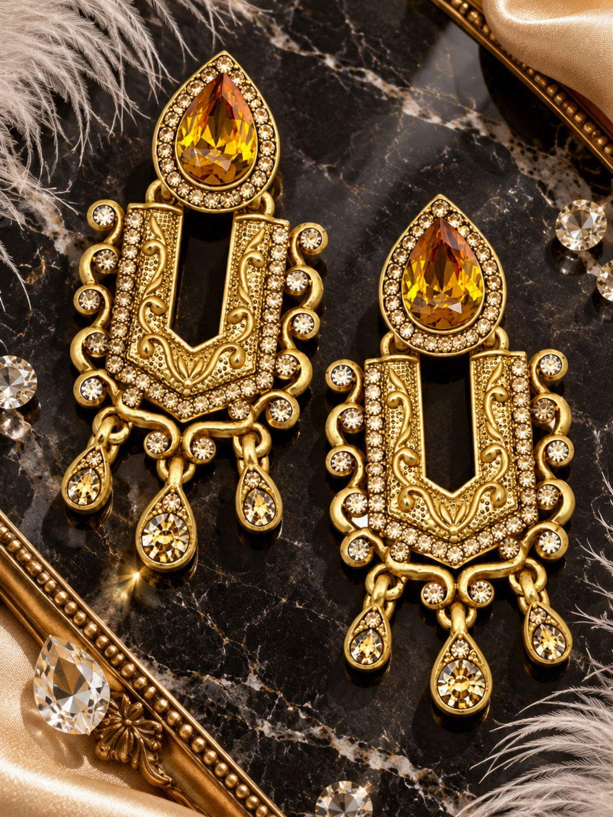 Gold Tone Amber Drop Chandelier Earrings for Women