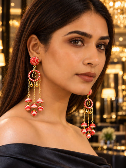 Red and Gold Thread Wrapped Triple Jhumka Earrings