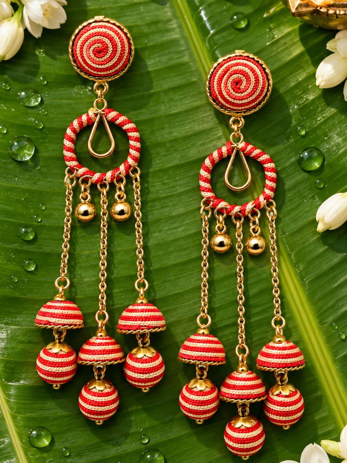 Red and Gold Thread Wrapped Triple Jhumka Earrings