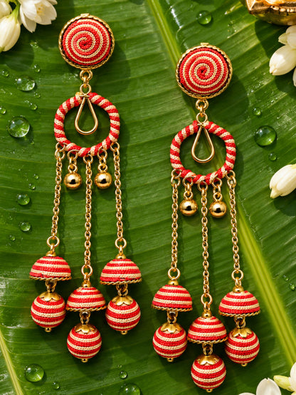 Red and Gold Thread Wrapped Triple Jhumka Earrings