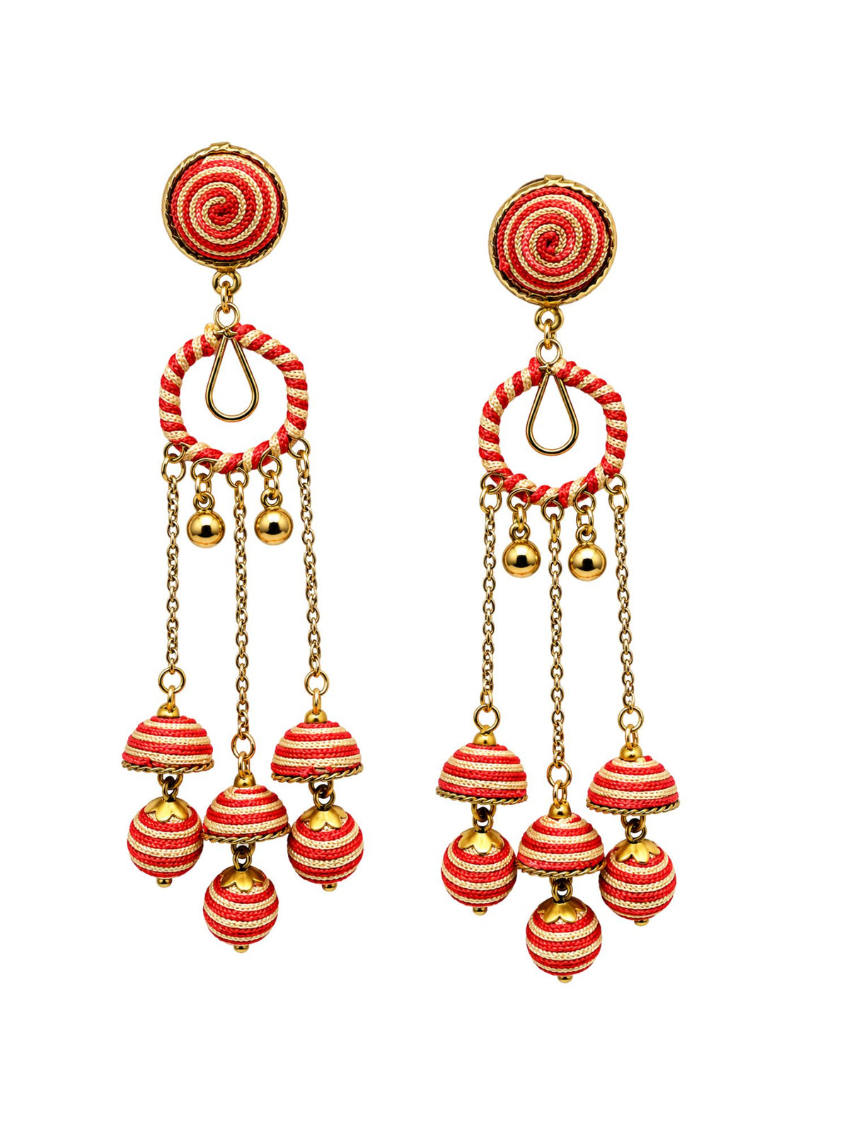 Red and Gold Thread Wrapped Triple Jhumka Earrings