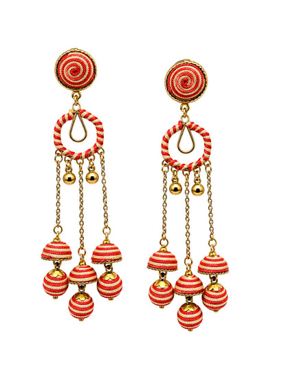 Red and Gold Thread Wrapped Triple Jhumka Earrings