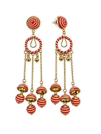 Red and Gold Thread Wrapped Triple Jhumka Earrings