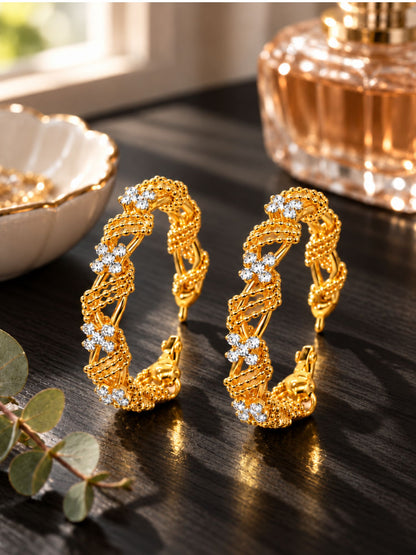 Gold Tone Floral Hoop Earrings with Crystal Stones