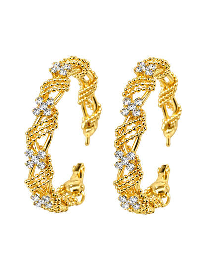 Gold Tone Floral Hoop Earrings with Crystal Stones