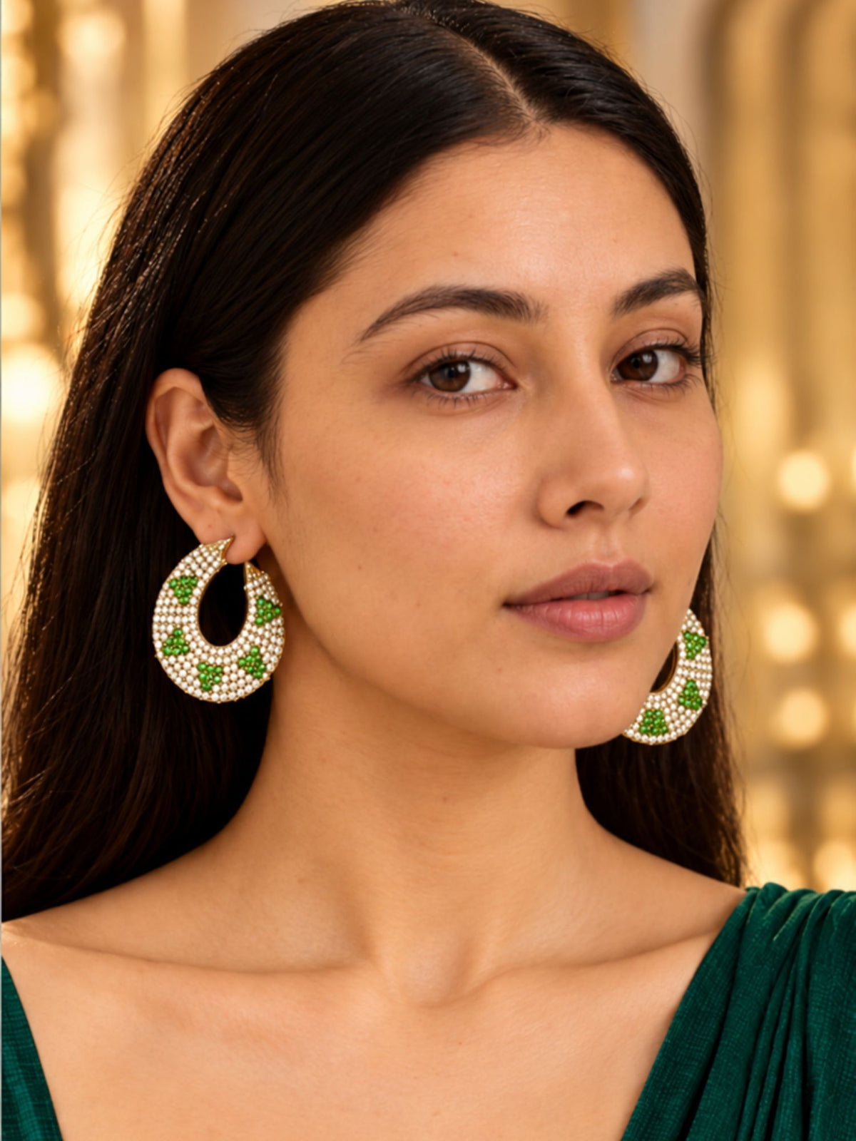 Gold Tone Green & White Stone Floral Hoop Earrings