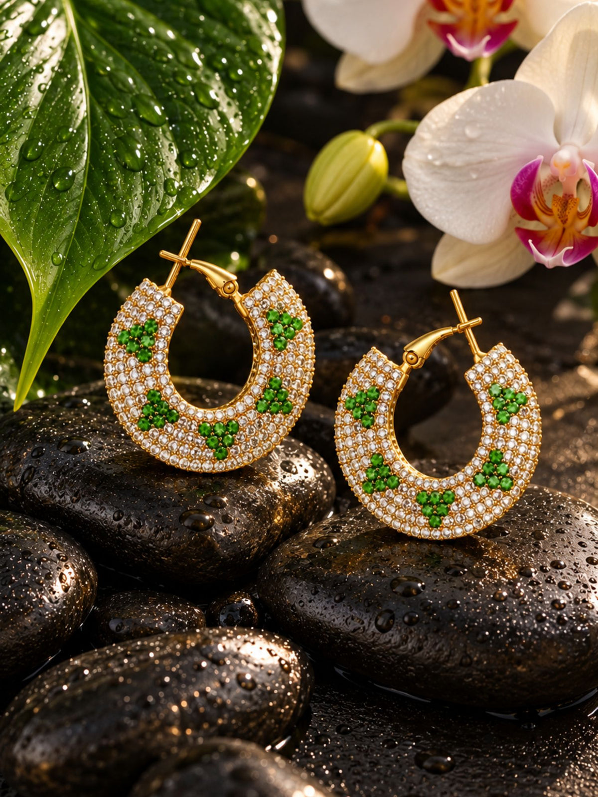 Gold Tone Green & White Stone Floral Hoop Earrings