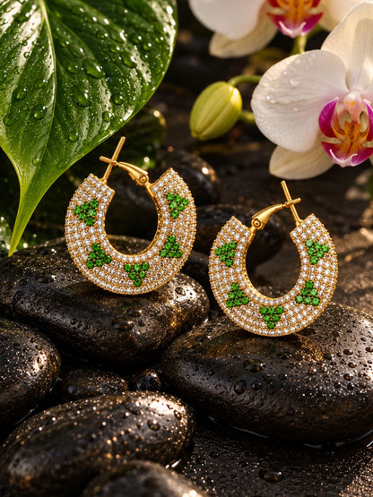 Gold Tone Green & White Stone Floral Hoop Earrings