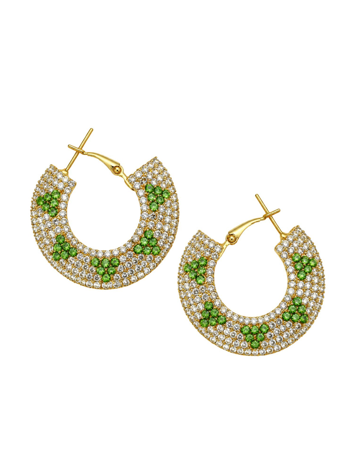 Gold Tone Green & White Stone Floral Hoop Earrings