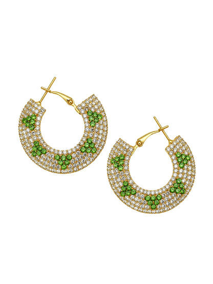Gold Tone Green & White Stone Floral Hoop Earrings