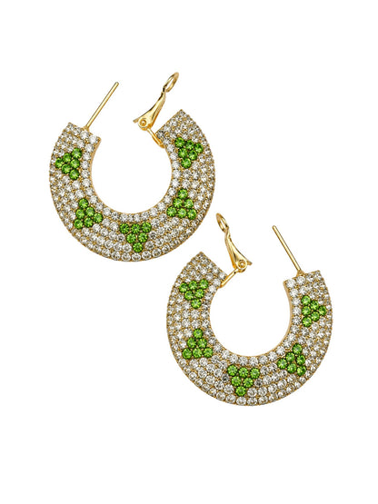 Gold Tone Green & White Stone Floral Hoop Earrings