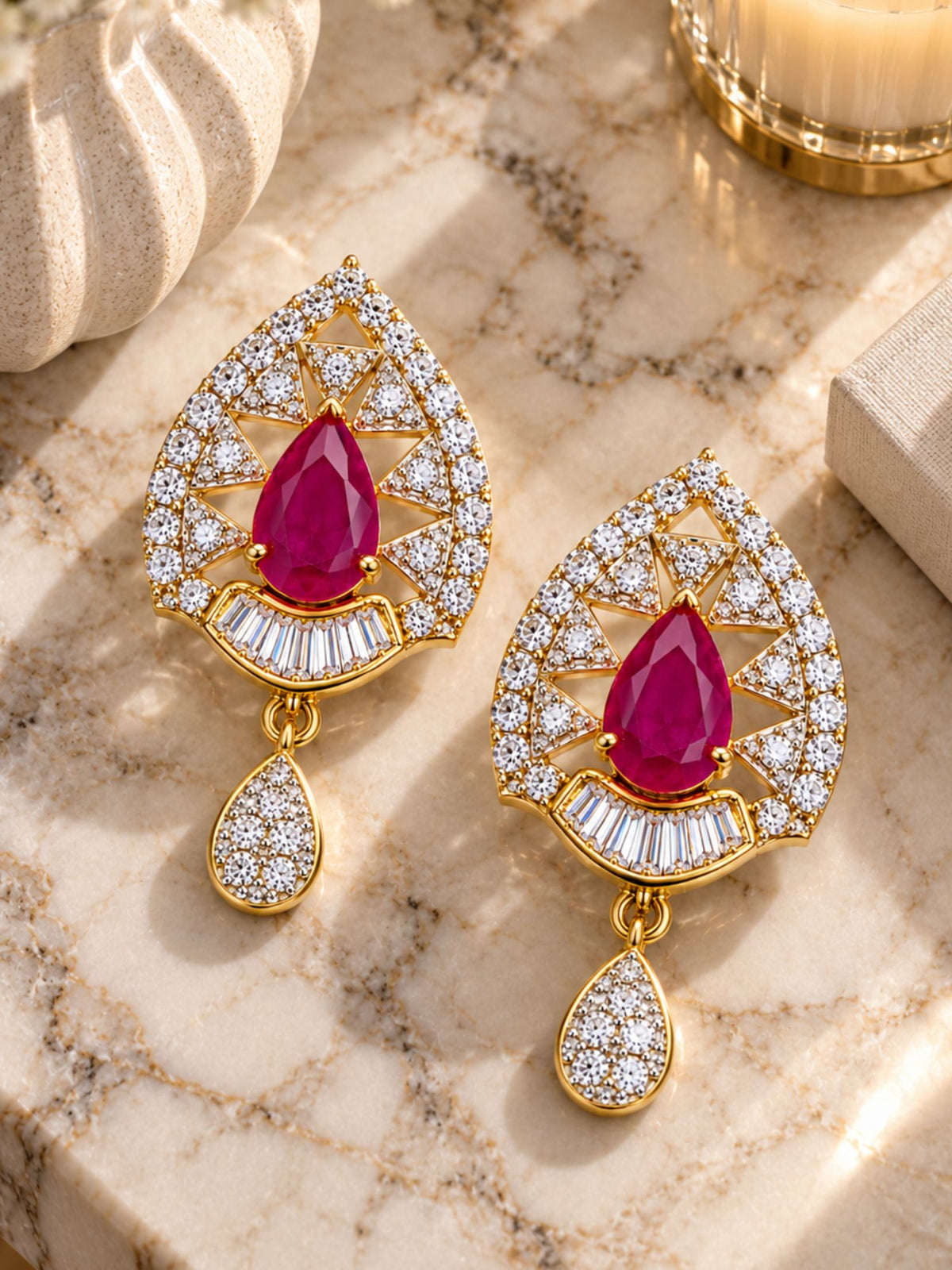 Ruby Red Teardrop Diamond Look Drop Earrings
