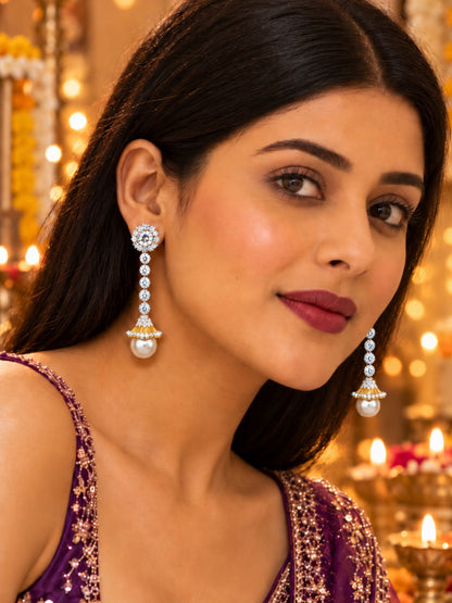 Clear Stone Pearl Drop Earrings with Halo Stud Top