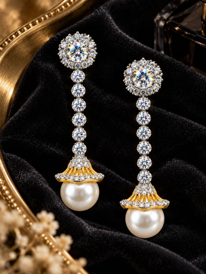 Clear Stone Pearl Drop Earrings with Halo Stud Top