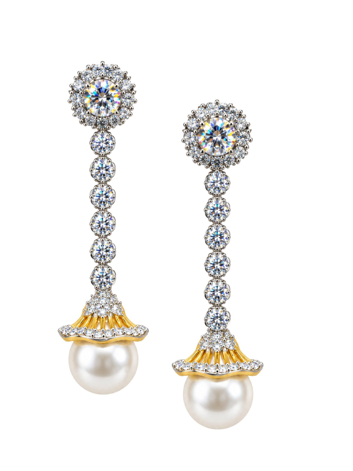 Clear Stone Pearl Drop Earrings with Halo Stud Top