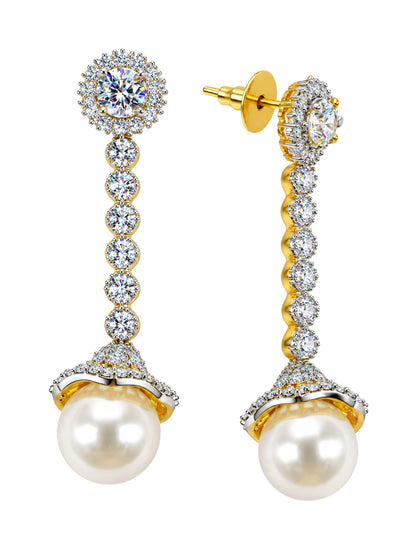 Clear Stone Pearl Drop Earrings with Halo Stud Top